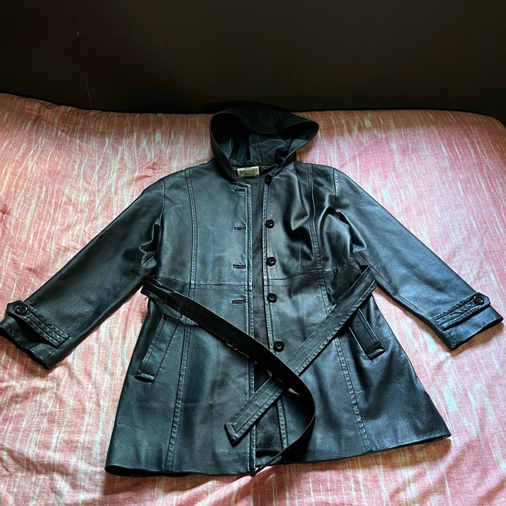 BAGATELLE Vintage Black Leather Hooded Trench Coat sz M - Picture 6 of 16